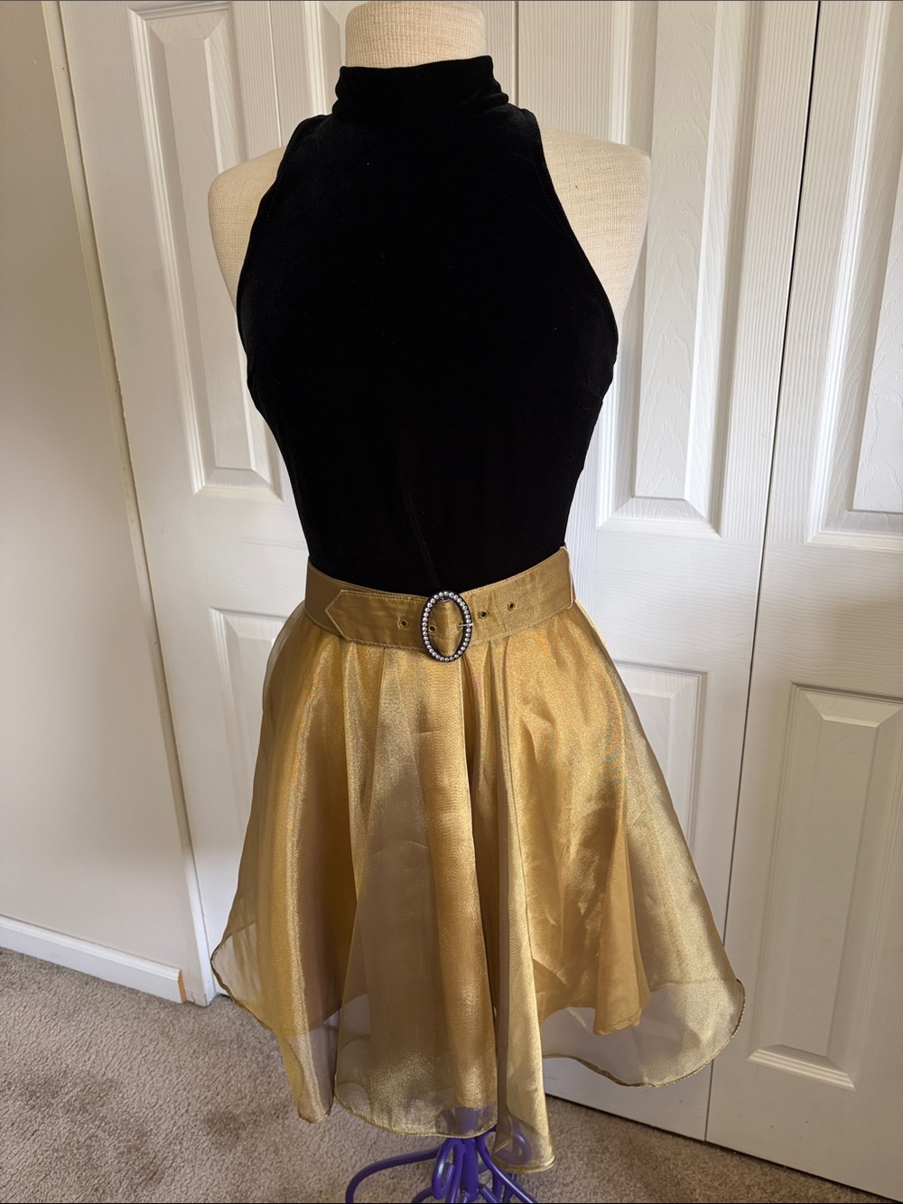L.A. Glo Dress with Black Velvet Halter Neck, Gold Fit & Flare Skirt Size 11/12